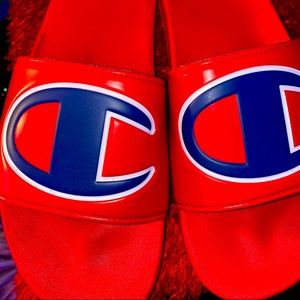 Red champion slides with blue logo